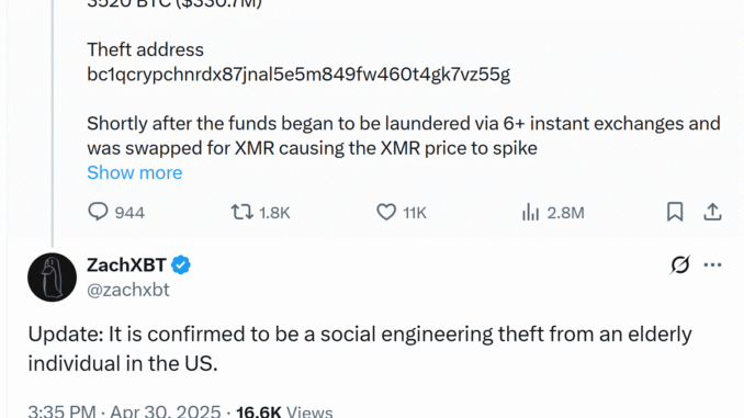 $330M Bitcoin social engineering theft victim is elderly US citizen